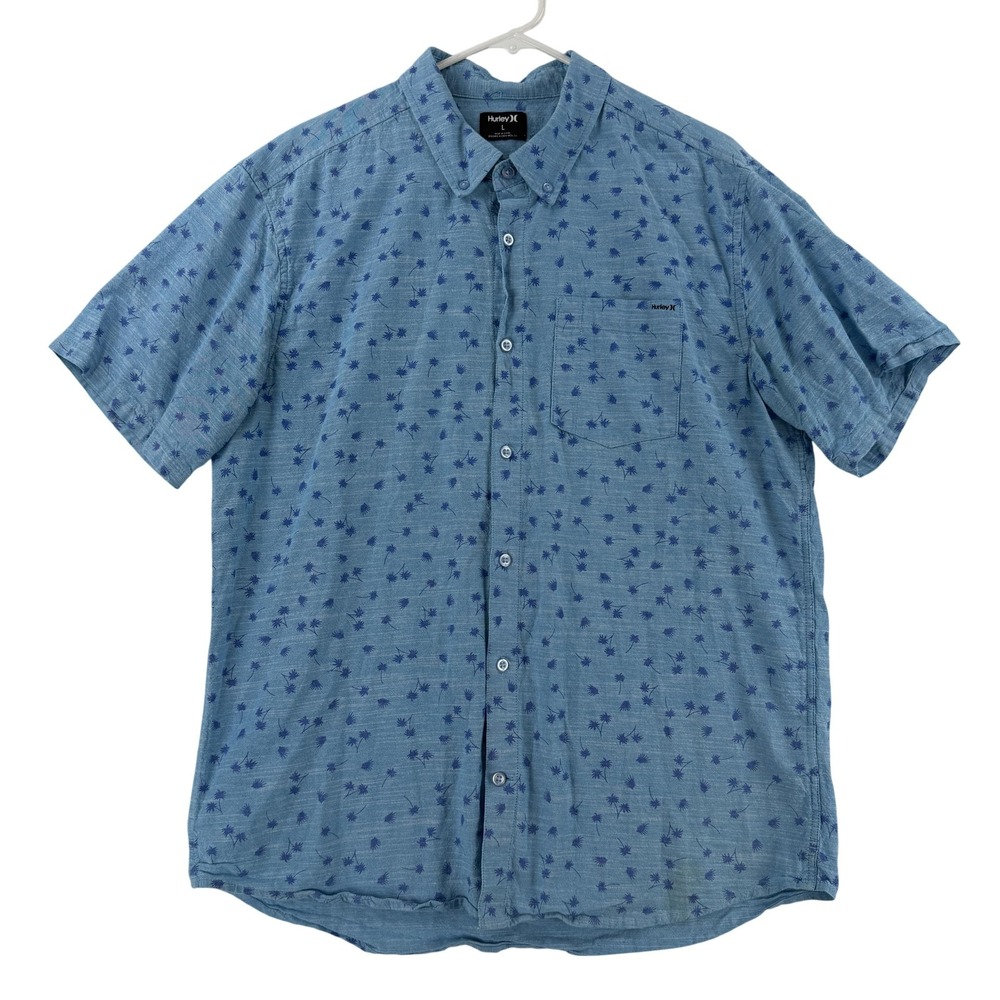 Hurley Shirt Mens Large Blue‎ Palm Floral Chambray Short Sleeve Button Up Surf